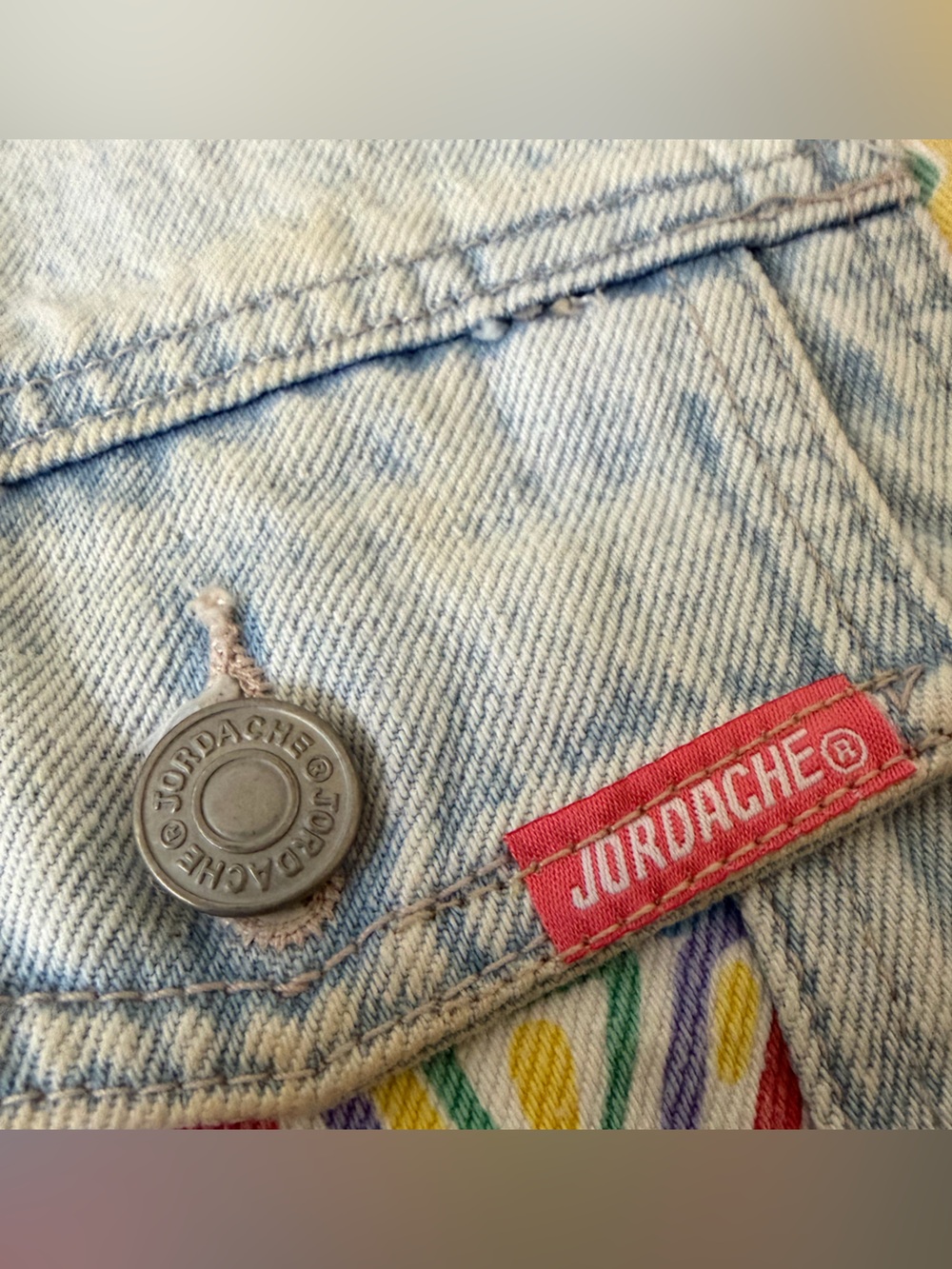 Jordache Light Wash Denim Crop Jacket with Yellow, Pink, Green & Blue Print - Picture 11 of 16